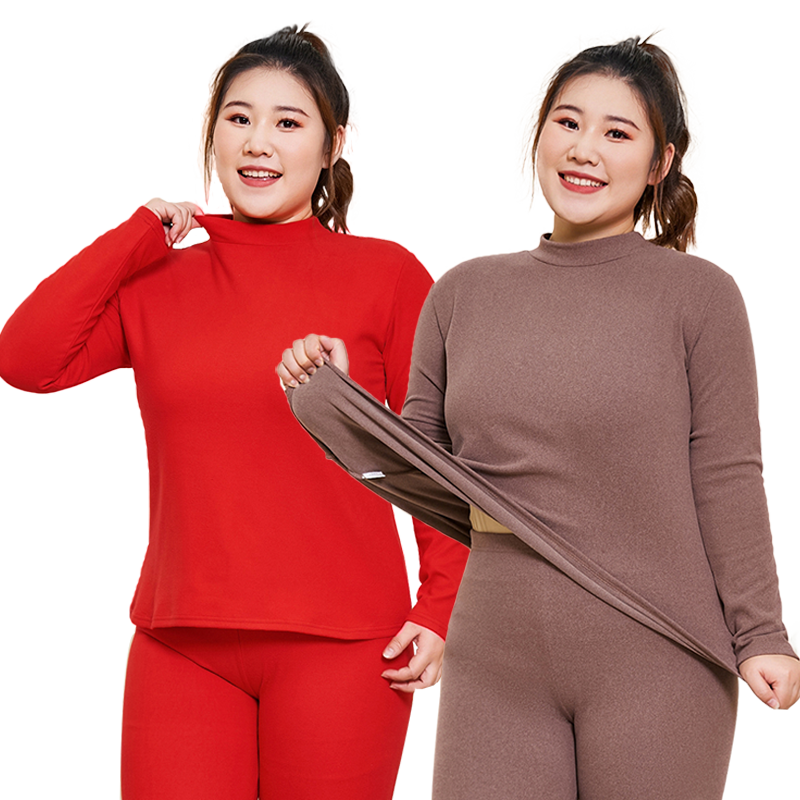 雅鹿女士半高领双面磨绒保暖套装