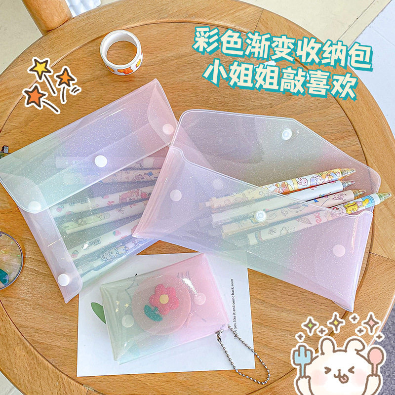 ins渐变果冻包学生大容量防水文具收纳袋高颜值金葱粉按扣胶笔袋