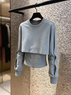 灰色假两件拉链卫衣