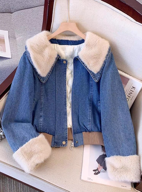 毛毛翻领拼接牛仔外套