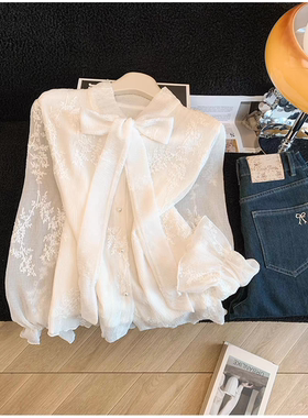 法式蕾丝提花刺绣长袖衬衫