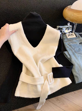系带收腰针织马甲背心长袖上衣两件套