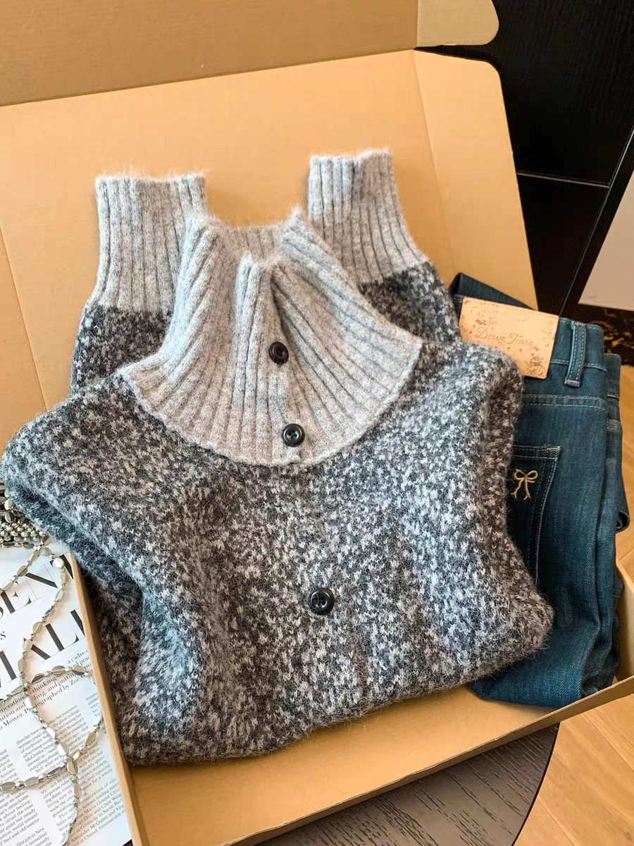 翻领两穿花纱高领毛衣开衫外套