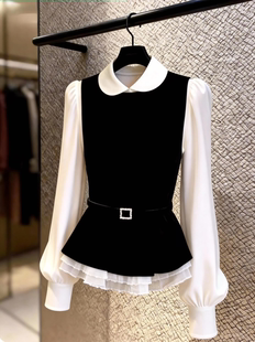 丝绒拼接假两件收腰上衣