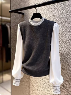 蕾丝花边拼接假两件针织衫