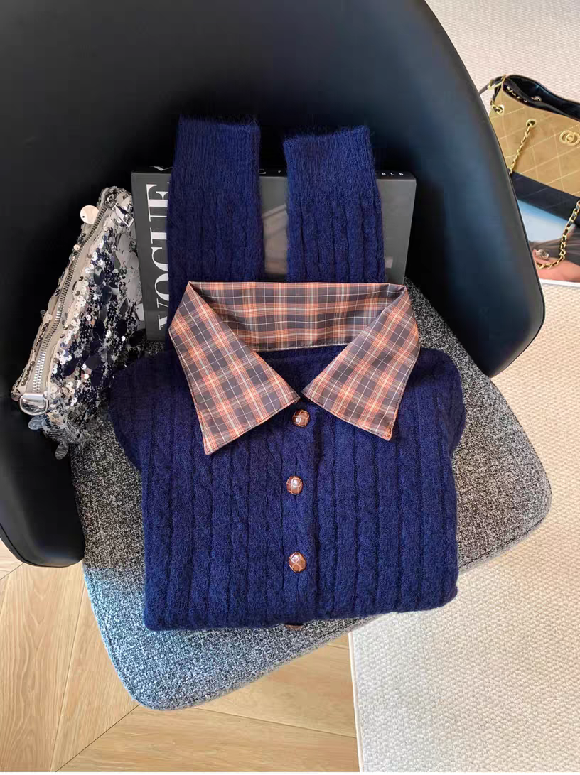 韩系格子polo领假两件绞花针织开衫