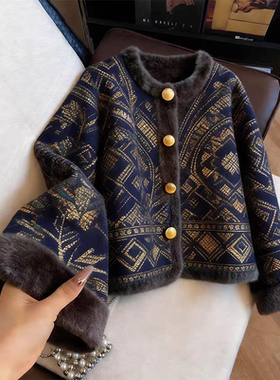 深蓝色轻熟范毛绒边外套