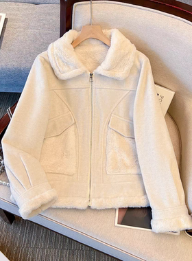 杏色加绒加厚羊羔毛短外套