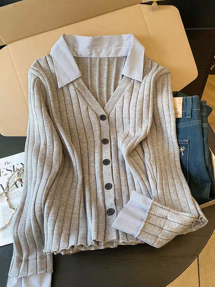 高级感拼接假两件翻领针织衫