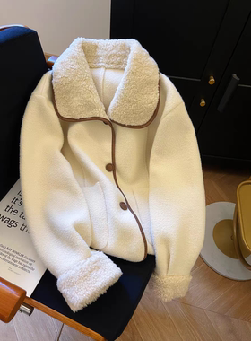 毛毛拼接杏色翻领小香风毛呢外套