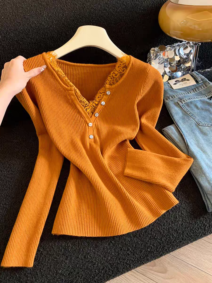 蕾丝拼接V领针织衫