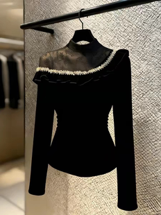 法式 气质黑色透视网纱毛毛拼接针织衫