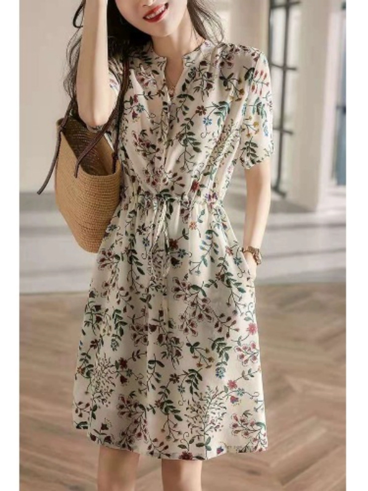 夏天茶歇桔梗绝美碎花雪纺连衣裙小个子显高收腰显瘦休闲a字短裙