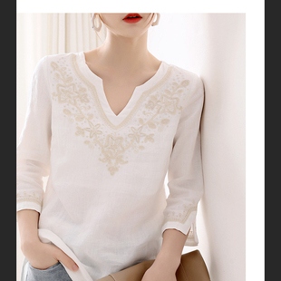 日系女装 夏季精致手工重工花型刺绣小宽松中长弧形领7分袖罩衫