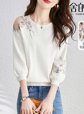 青岛外贸专柜新款2023镂空针织衫春夏季女甜美小清新花朵显瘦上衣