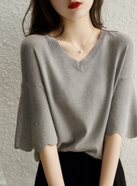 小香风设计短袖t恤女夏季百搭冰丝针织衫设计感洋气别致小衫上衣