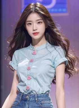 复古国风新中式湖蓝色短袖超好看多巴胺穿搭上衣别致独特漂亮衬衫