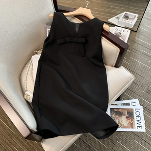 专柜清仓~春日奥黛丽 前后两穿无袖蝴蝶结连衣裙女赫本风短袖裙子
