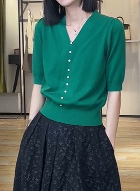 专柜商场清仓捡漏品牌撤回外贸V领冰丝针织衫泡泡袖珍珠扣上衣T恤