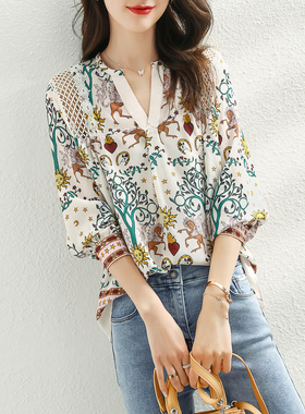 欧洲站2023春夏新款V领印花雪纺衬衫女宽松镂空百搭上衣洋气小衫
