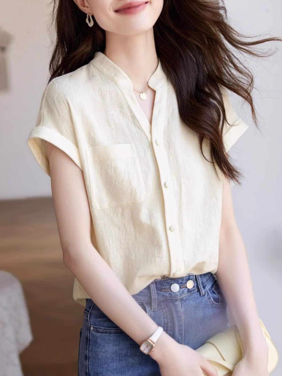 奥特莱斯撤柜清仓捡漏欧洲站韩版短袖衬衫女夏季时尚休闲棉麻上衣