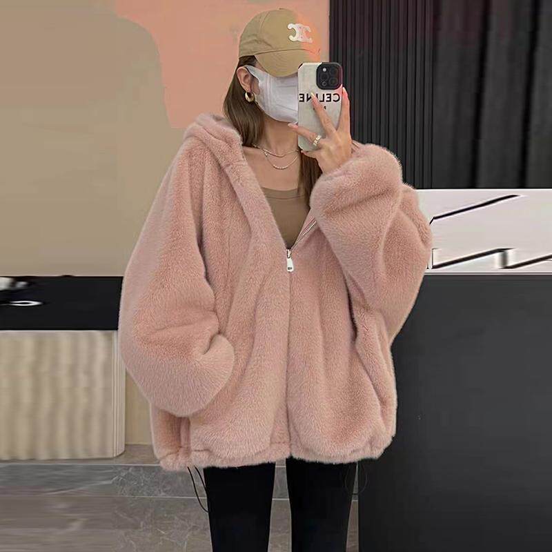 胖MM大码仿兔毛连帽卫衣显瘦