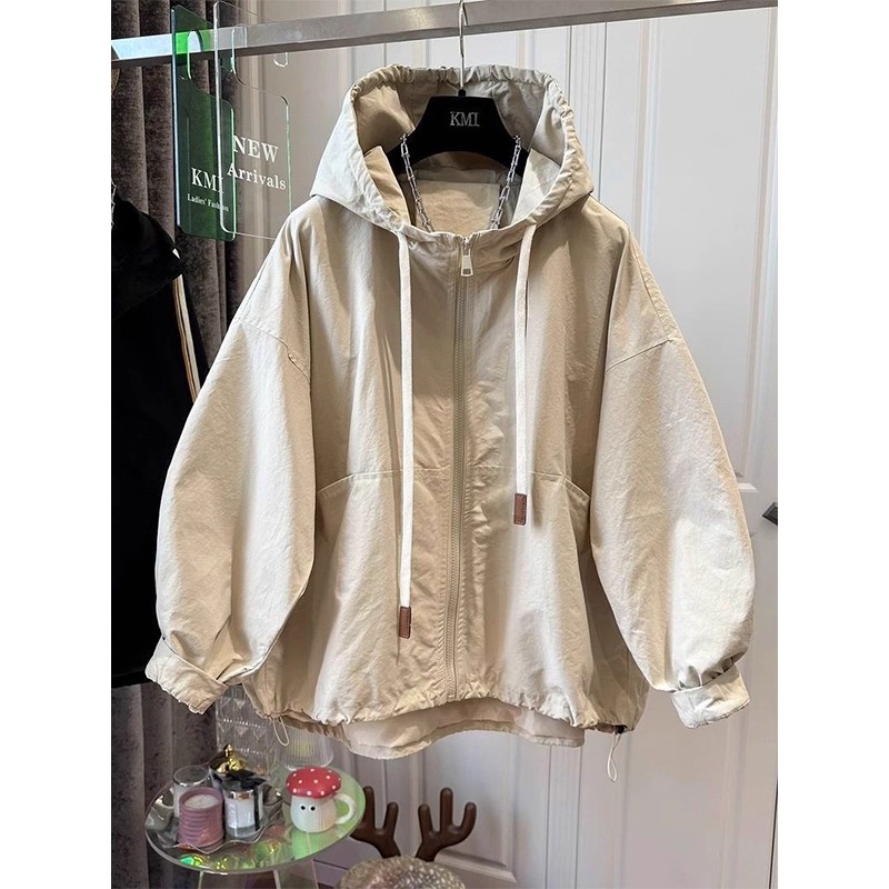 大码300斤韩版连帽抽绳拉链外套