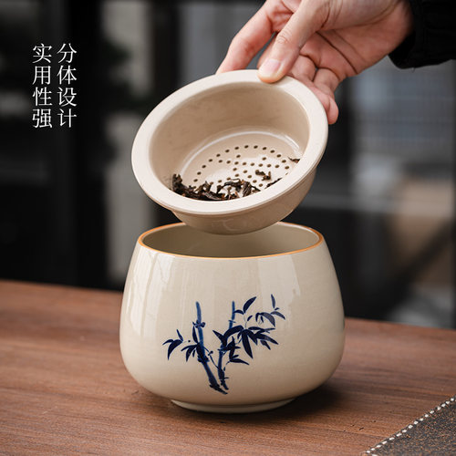 草木灰陶瓷茶渣缸茶洗建水带过滤家用废水缸大号桌面倒茶水孟茶缸