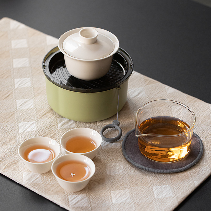 旅行茶具茶盘套装德化白瓷功夫家用盖碗泡茶杯便携式储水盘快客杯