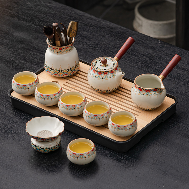 敦煌宝相花茶具套装2025新款高档汝窑盖碗泡茶壶茶盘办公室喝茶杯