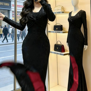 【红底步步生莲v领】暗纹提花百搭秋冬鱼尾连衣裙长裙气质修身显�