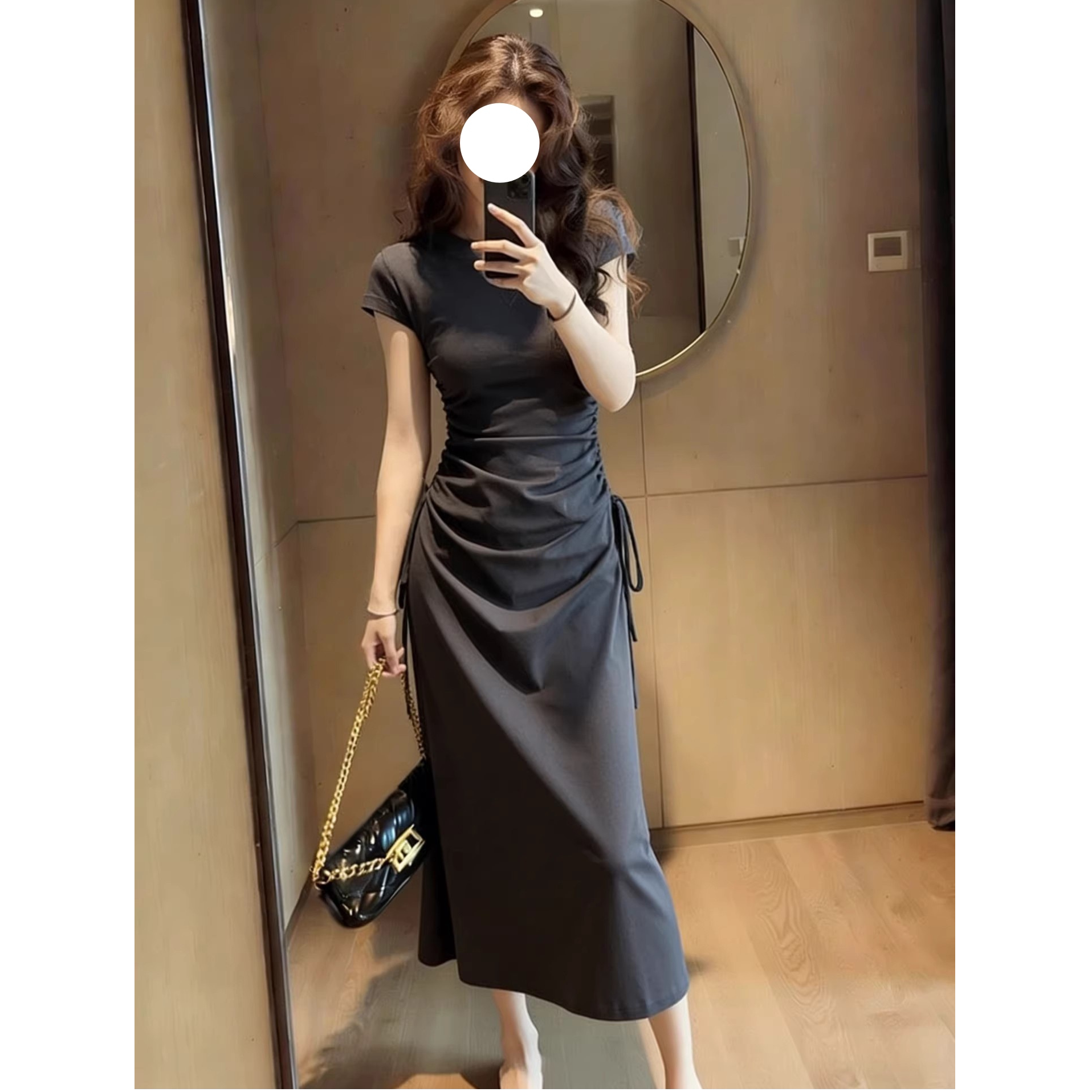法式短袖连衣裙女2026新款夏季设计感抽绳收腰显瘦长裙子#3743