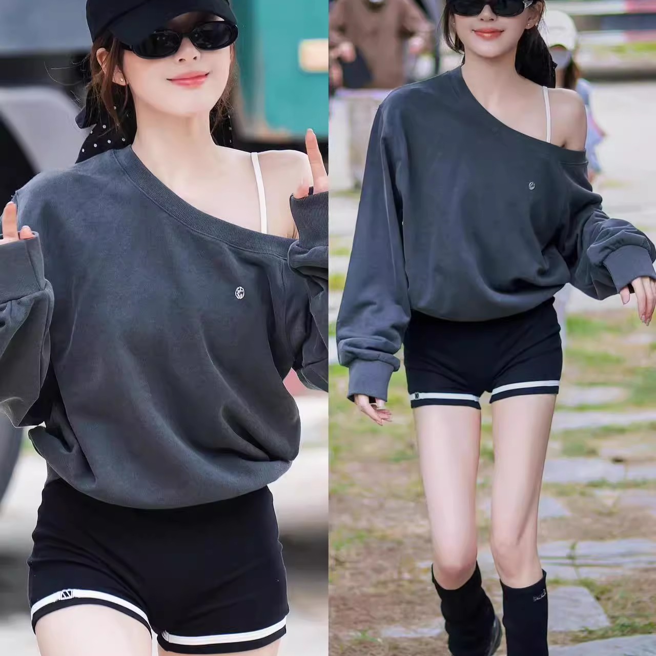 赵露思同款美式复古斜肩卫衣女时尚露肩上衣撞色吊带连体短裤套装