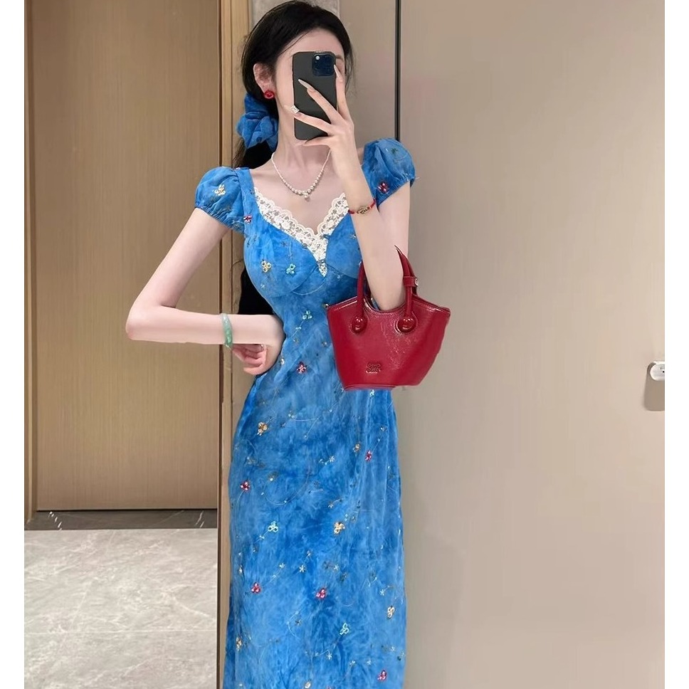 雅乔【卡普里蓝调】双版本绣花短袖连衣裙+荷叶边无袖两穿连衣裙