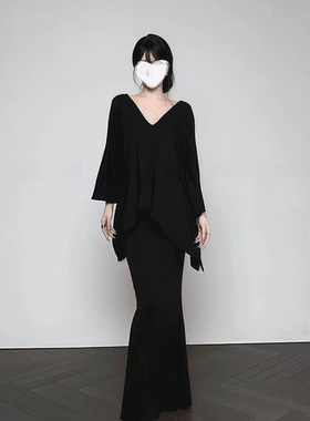 高级质感蝙蝠袖宽松罩衫侧边捏褶弹力裙两件套