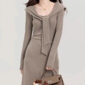 早秋慵懒长裙修身 丝绒摩卡 女通勤收腰设计感连衣裙