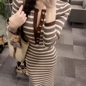 修身 许妍路透撞色条纹v领长袖 连衣裙2025款 包臀长裙