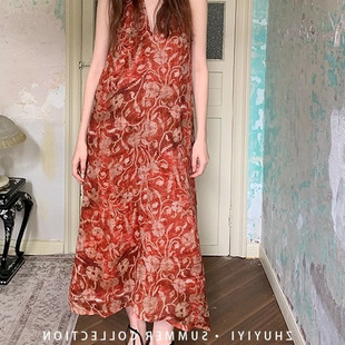 印花高级感挂脖显瘦连衣裙女原创设计新款 长裙