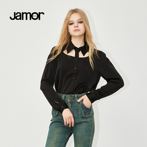 Jamor黑色纯色长袖衬衫女冬季新款领口镂空时尚上衣加末