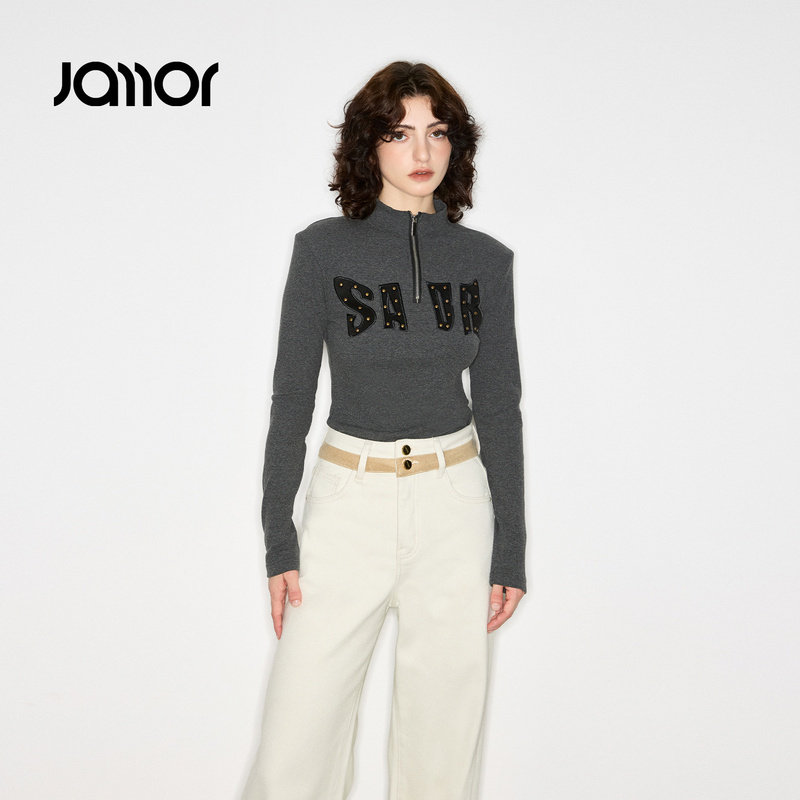 Jamor加墨时尚半拉链修身半高领薄绒T恤上衣打底衫女装2025秋冬新