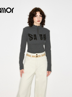 Jamor加墨时尚半拉链修身半高领薄绒T恤上衣打底衫女装2025秋冬新