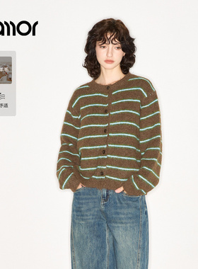 Jamor加墨条纹撞色圆领针织衫纽扣开衫简约毛衣女装2025秋冬新款
