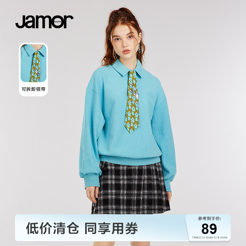 Jamor春夏新款蓝色Polo款式卫衣女金属装饰小领带简约上衣加末