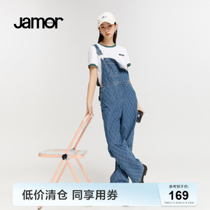 Jamor蓝色背带牛仔裤女春夏新款复古格纹百搭小个子做旧直筒裤子