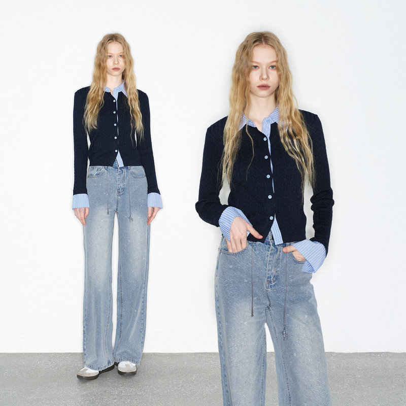 Jamor加墨时尚拼接假两件针织开衫上衣2026春新