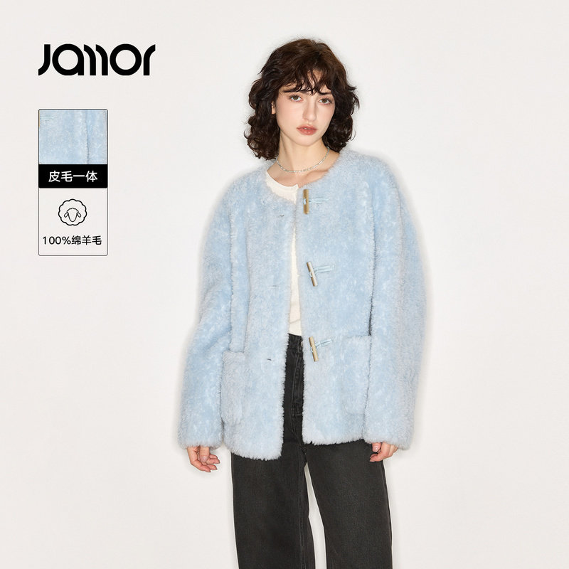 Jamor加墨时尚100%绵羊毛颗粒外套清新蓝色保暖上衣女装2025冬新