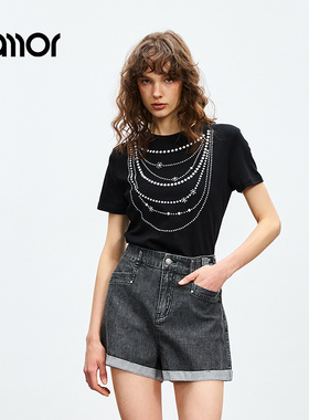 Jamor简约修身黑色短袖T恤上衣2025夏季新款时尚显瘦好看