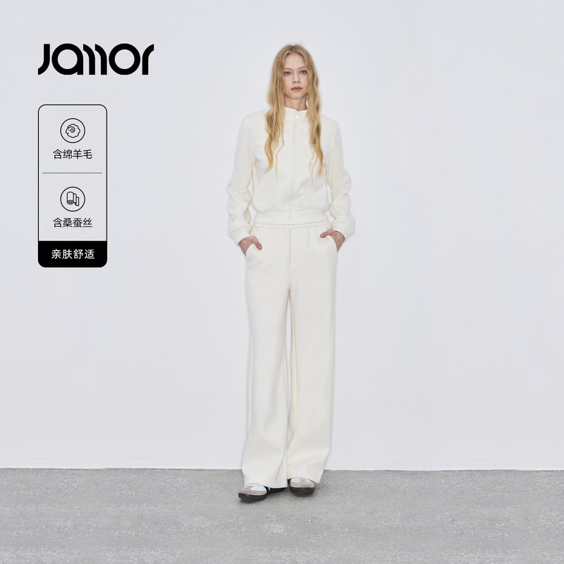 Jamor加墨时尚休闲小立领套装两件套直筒裤子简约2025冬新款薄绒