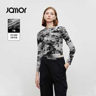 扎染设计修身 Jamor时尚 款 花纹圆领T恤2025春秋季 显瘦短上衣 新款