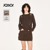Jamor加墨时尚 毛衣2025秋冬新 上衣薄款 镂空设计感圆领针织衫 女装